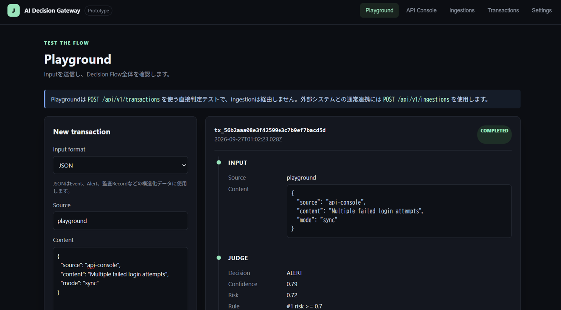 プロトタイプの判定詳細画面。入力データ、最終判定とJUDGE・THINK・REVIEW・ACTの判断経路を表示。